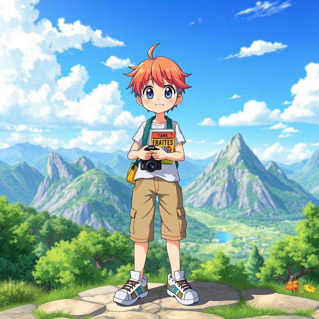 An anime character depicted as a tourist, standing in front of a beautiful scenic view