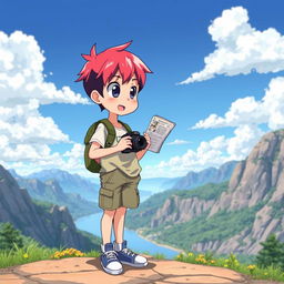 An anime character depicted as a tourist, standing in front of a beautiful scenic view