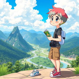 An anime character depicted as a tourist, standing in front of a beautiful scenic view