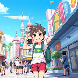 An anime-style illustration of a young tourist exploring a vibrant city