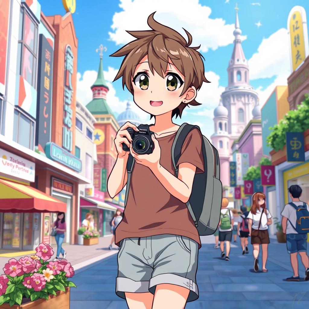 An anime-style illustration of a young tourist exploring a vibrant city