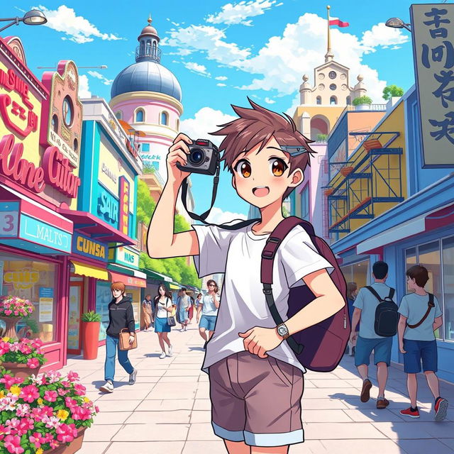 An anime-style illustration of a young tourist exploring a vibrant city