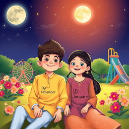 A charming cartoon scene showcasing a 17-year-old boy and a 16-year-old girl sitting together in a park