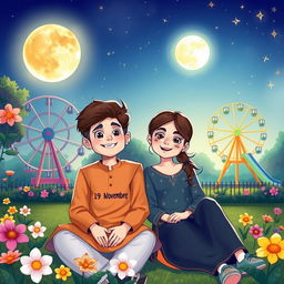 A charming cartoon scene showcasing a 17-year-old boy and a 16-year-old girl sitting together in a park