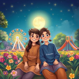 A charming cartoon scene showcasing a 17-year-old boy and a 16-year-old girl sitting together in a park