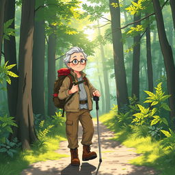 An anime-style illustration of an older tourist hiking through a lush forest