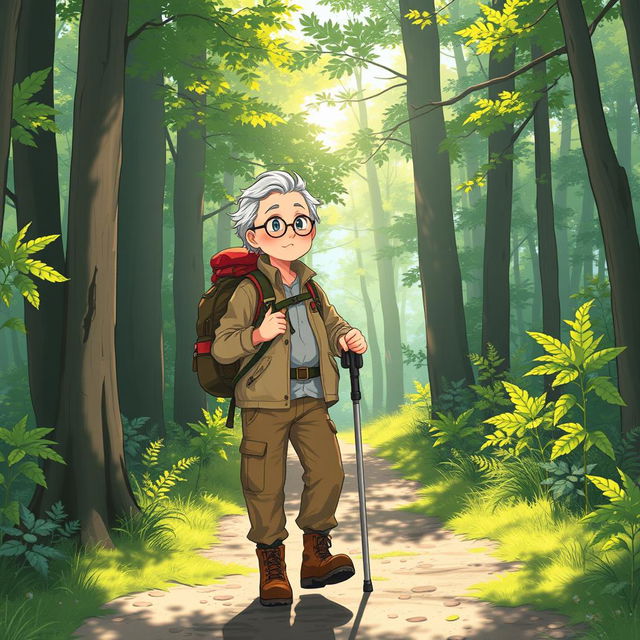 An anime-style illustration of an older tourist hiking through a lush forest