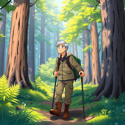 An anime-style illustration of an older tourist hiking through a lush forest