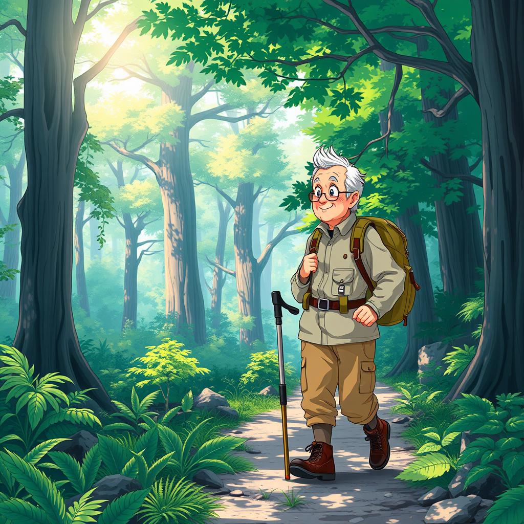 An anime-style illustration of an older tourist hiking through a lush forest