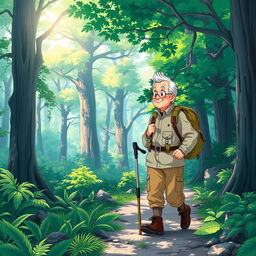 An anime-style illustration of an older tourist hiking through a lush forest