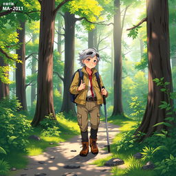 An anime-style illustration of an older tourist hiking through a lush forest