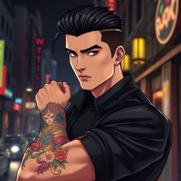 A handsome young mafia man in an anime style, featuring striking facial features and expressive eyes