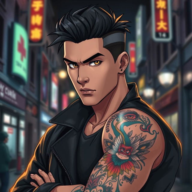 A handsome young mafia man in an anime style, featuring striking facial features and expressive eyes