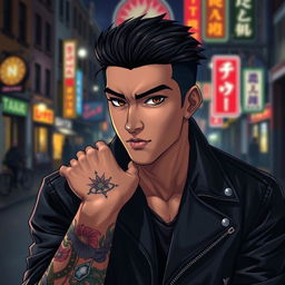 A handsome young mafia man in an anime style, featuring striking facial features and expressive eyes