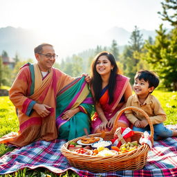 A happy Nepali family of four enjoying quality time together in a beautiful setting