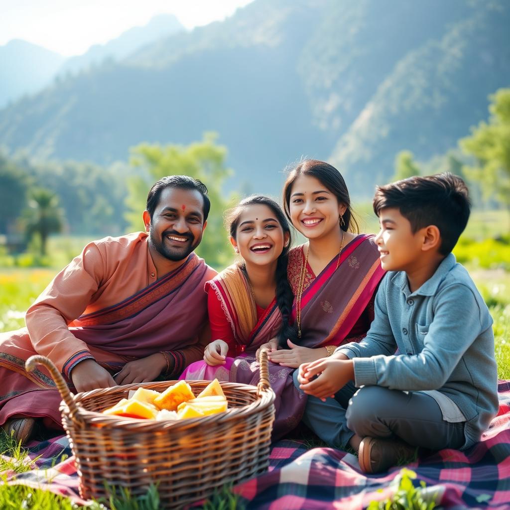 A happy Nepali family of four enjoying quality time together in a beautiful setting