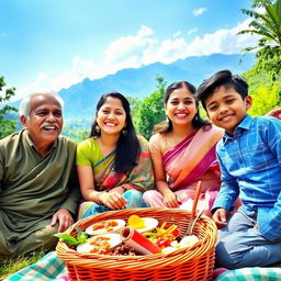 A happy Nepali family of four enjoying quality time together in a beautiful setting