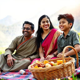 A happy Nepali family of four enjoying quality time together in a beautiful setting