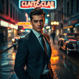 A handsome young mafia man, sharply dressed in a tailored suit, standing confidently with a charismatic smile