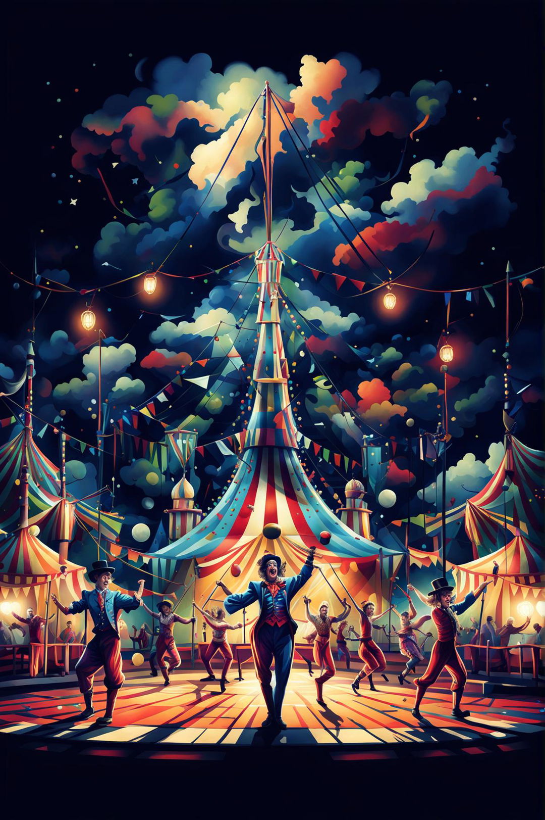 A vibrant digital art image depicting a lively circus scene