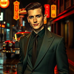 A handsome young mafia man, sharply dressed in a tailored suit, standing confidently with a charismatic smile