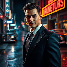 A handsome young mafia man, sharply dressed in a tailored suit, standing confidently with a charismatic smile