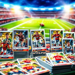 A vibrant display of collectible football trading cards, showcasing different designs and players