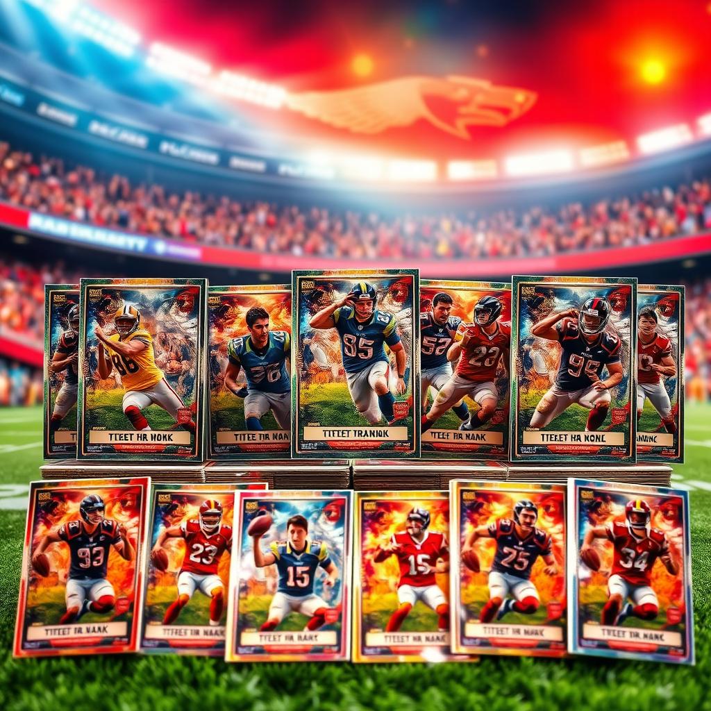 A vibrant display of collectible football trading cards, showcasing different designs and players