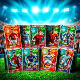 A vibrant display of collectible football trading cards, showcasing different designs and players