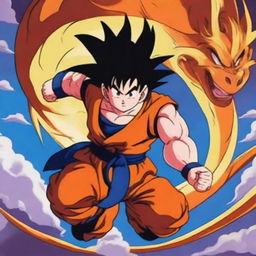 A vibrant digital art piece featuring Goku from the Dragonball series riding a majestic dragon