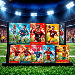 A vibrant display of collectible football trading cards, showcasing different designs and players