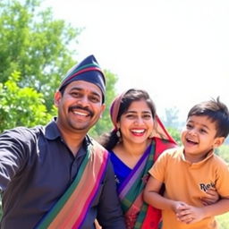 A joyful Nepali family of four enjoying a sunny day outdoors, showcasing a sense of togetherness and happiness