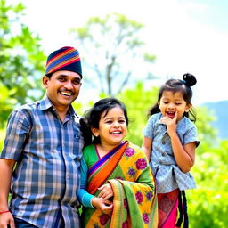 A joyful Nepali family of four enjoying a sunny day outdoors, showcasing a sense of togetherness and happiness
