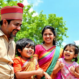 A joyful Nepali family of four enjoying a sunny day outdoors, showcasing a sense of togetherness and happiness