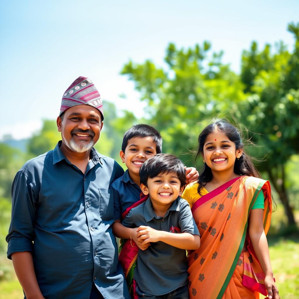 A joyful Nepali family of four enjoying a sunny day outdoors, showcasing a sense of togetherness and happiness