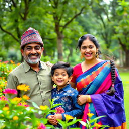 A cheerful Nepali family of four, enjoying their quality of life together in a bright and lively environment