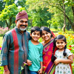 A cheerful Nepali family of four, enjoying their quality of life together in a bright and lively environment