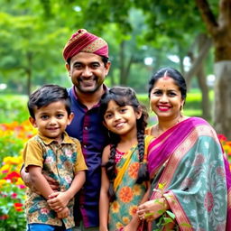A cheerful Nepali family of four, enjoying their quality of life together in a bright and lively environment