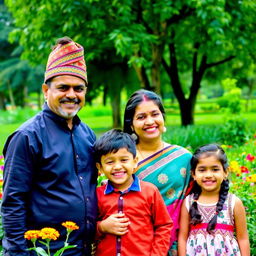 A cheerful Nepali family of four, enjoying their quality of life together in a bright and lively environment