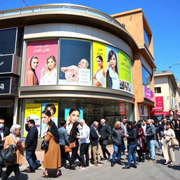A vibrant street scene in Tehran, Iran, showcasing a modern cosmetic surgery clinic with a stylish and contemporary facade