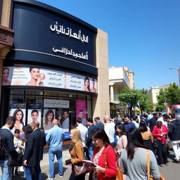 A vibrant street scene in Tehran, Iran, showcasing a modern cosmetic surgery clinic with a stylish and contemporary facade