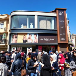 A vibrant street scene in Tehran, Iran, showcasing a modern cosmetic surgery clinic with a stylish and contemporary facade