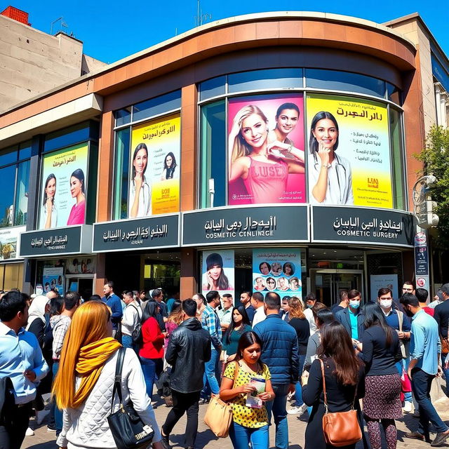 A vibrant street scene in Tehran, Iran, showcasing a modern cosmetic surgery clinic with a stylish and contemporary facade