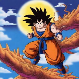 A vibrant digital art piece featuring Goku from the Dragonball series riding a majestic dragon