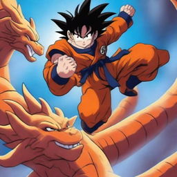 A vibrant digital art piece featuring Goku from the Dragonball series riding a majestic dragon