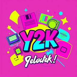 A vibrant and playful retro Y2K design for a t-shirt featuring nostalgic elements like bright colors, bubbly fonts, and technology-inspired graphics