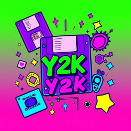 A vibrant and playful retro Y2K design for a t-shirt featuring nostalgic elements like bright colors, bubbly fonts, and technology-inspired graphics