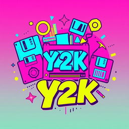 A vibrant and playful retro Y2K design for a t-shirt featuring nostalgic elements like bright colors, bubbly fonts, and technology-inspired graphics