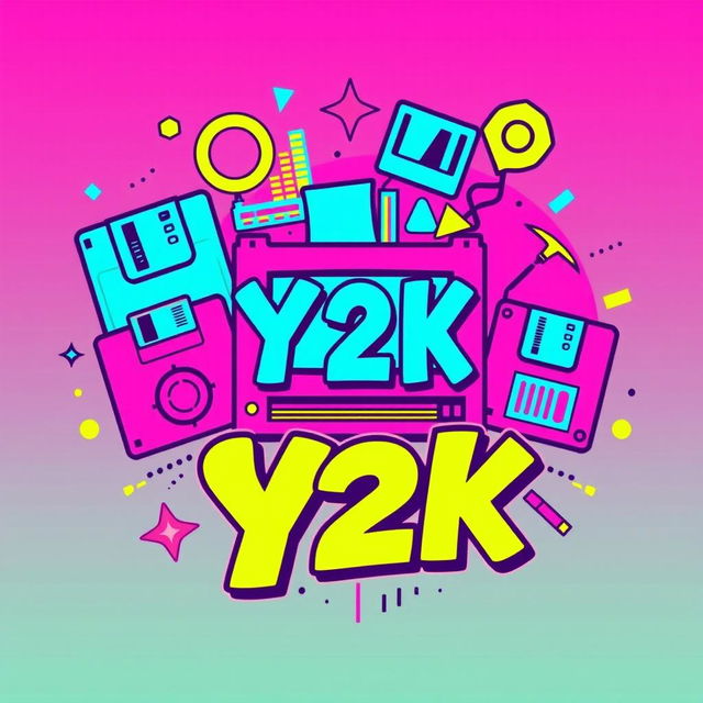 A vibrant and playful retro Y2K design for a t-shirt featuring nostalgic elements like bright colors, bubbly fonts, and technology-inspired graphics
