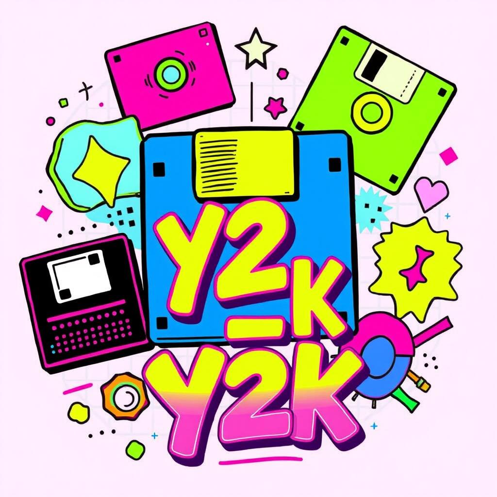 A vibrant and playful retro Y2K design for a t-shirt featuring nostalgic elements like bright colors, bubbly fonts, and technology-inspired graphics